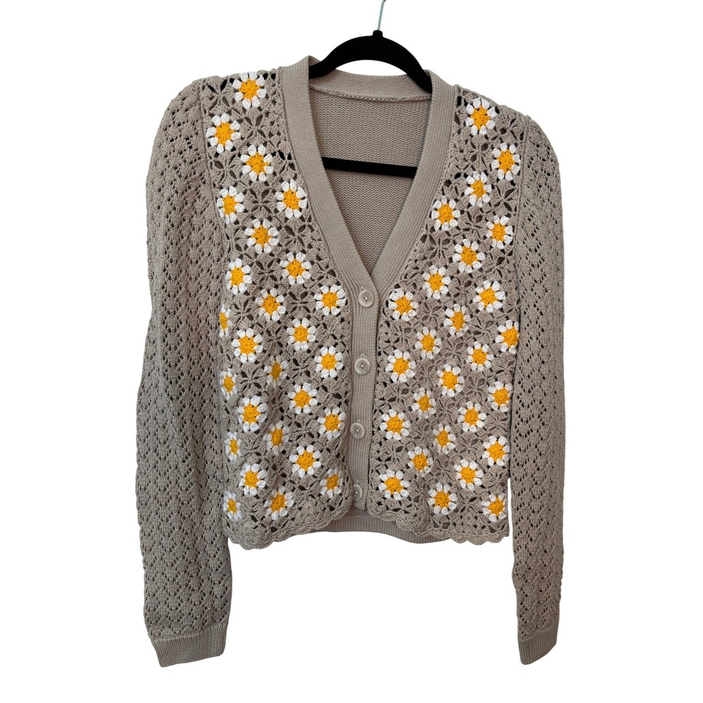 Boho Daisy Crochet Cardigan Tan Pointelle Knit V-Neck Floral Button Up‎ Sweater